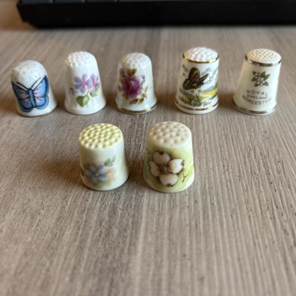 Vintage Royal England Worcester Porcelain Thimbles Lot of 7 Flowers Butterfly